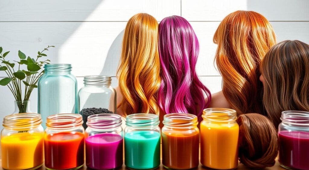 A vibrant, eco-friendly hair coloration display, showcasing an array of natural, vegan-friendly shades. The foreground features an assortment of glass jars or bottles, each filled with a rich, pigmented hue, illuminated by soft, natural lighting. The middle ground presents various hair samples, styled to showcase the vivid color results. In the background, a minimalist, clean-lined backdrop, perhaps a whitewashed wall or a simple, wooden surface, creates a serene, inviting atmosphere. The overall composition conveys a sense of purity, sustainability, and the gentle, nourishing benefits of these plant-based hair coloration solutions. A vibrant, eco-friendly hair coloration display, showcasing an array of natural, vegan-friendly shades. The foreground features an assortment of glass jars or bottles, each filled with a rich, pigmented hue, illuminated by soft, natural lighting. The middle ground presents various hair samples, styled to showcase the vivid color results. In the background, a minimalist, clean-lined backdrop, perhaps a whitewashed wall or a simple, wooden surface, creates a serene, inviting atmosphere. The overall composition conveys a sense of purity, sustainability, and the gentle, nourishing benefits of these plant-based hair coloration solutions.