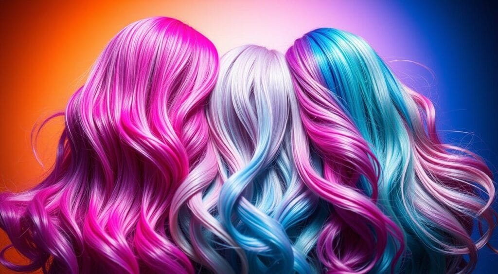 A vibrant, fantastical hair color display against a luminous backdrop. In the foreground, lush locks in vivid hues of neon pink, electric blue, and iridescent purple cascade gracefully, each strand shimmering with an otherworldly glow. The middle ground features a whimsical arrangement of pastel tones - soft lavender, delicate mint, and hazy peach - blending seamlessly. In the background, a captivating gradient of light, shifting from warm amber to cool indigo, creates an ethereal, dreamlike atmosphere. Dramatic studio lighting casts dramatic shadows, accentuating the dynamic movement and dimension of the hair. The overall composition is a mesmerizing celebration of color, capturing the essence of "colorations fantaisie" in all its whimsical, vibrant glory. A vibrant, fantastical hair color display against a luminous backdrop. In the foreground, lush locks in vivid hues of neon pink, electric blue, and iridescent purple cascade gracefully, each strand shimmering with an otherworldly glow. The middle ground features a whimsical arrangement of pastel tones - soft lavender, delicate mint, and hazy peach - blending seamlessly. In the background, a captivating gradient of light, shifting from warm amber to cool indigo, creates an ethereal, dreamlike atmosphere. Dramatic studio lighting casts dramatic shadows, accentuating the dynamic movement and dimension of the hair. The overall composition is a mesmerizing celebration of color, capturing the essence of "colorations fantaisie" in all its whimsical, vibrant glory.