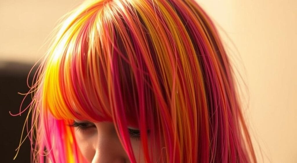 A vibrant head of hair, strands of color cascading down the sides, catching the light in a mesmerizing, ephemeral display. In the foreground, the model's face is partially obscured, their eyes downcast, their expression thoughtful. The background blurs softly, drawing the viewer's focus to the captivating, ever-changing hues. Soft, warm lighting bathes the scene, casting gentle shadows and highlights that accentuate the dynamic nature of the coloration. The image conveys a sense of fleeting beauty, a moment captured in time that will soon fade, leaving the viewer to ponder the transient nature of such stylistic choices. A vibrant head of hair, strands of color cascading down the sides, catching the light in a mesmerizing, ephemeral display. In the foreground, the model's face is partially obscured, their eyes downcast, their expression thoughtful. The background blurs softly, drawing the viewer's focus to the captivating, ever-changing hues. Soft, warm lighting bathes the scene, casting gentle shadows and highlights that accentuate the dynamic nature of the coloration. The image conveys a sense of fleeting beauty, a moment captured in time that will soon fade, leaving the viewer to ponder the transient nature of such stylistic choices.