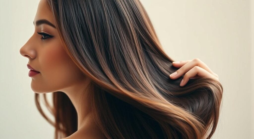 A vibrant, high-resolution image of an elegant woman with luscious, healthy-looking hair, bathed in soft, natural lighting. The foreground features her face in profile, showcasing her radiant complexion and the sheen of her glossy, well-conditioned tresses. In the middle ground, her hands gently comb through her hair, highlighting the hair's suppleness and resilience. The background depicts a serene, minimalist setting, allowing the subject to take center stage and emphasize the importance of avoiding hair damage during the bleaching process. Comment éviter la casse lors d'une décoloration forte