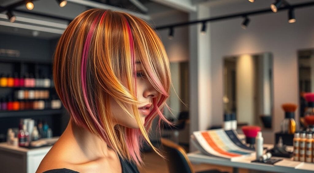 A vibrant, salon-style hair coloring showcase featuring innovative techniques. In the foreground, a model's head with expertly blended highlights, lowlights, and vibrant streaks, bathed in warm studio lighting. The middle ground showcases a range of color swatches, foils, and tools, hinting at the advanced processes. The background depicts a sleek, minimalist salon setting, with clean lines and a modern aesthetic. The overall atmosphere conveys a sense of artistic expression, technical mastery, and the transformative power of color. A vibrant, salon-style hair coloring showcase featuring innovative techniques. In the foreground, a model's head with expertly blended highlights, lowlights, and vibrant streaks, bathed in warm studio lighting. The middle ground showcases a range of color swatches, foils, and tools, hinting at the advanced processes. The background depicts a sleek, minimalist salon setting, with clean lines and a modern aesthetic. The overall atmosphere conveys a sense of artistic expression, technical mastery, and the transformative power of color.