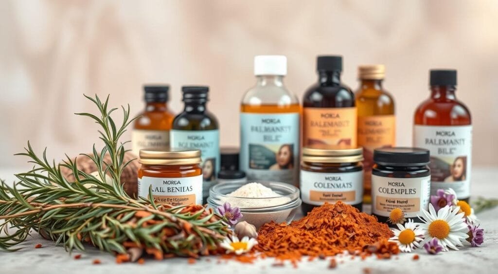 A vibrant still life composition showcasing an assortment of natural ingredients for colored hair care. In the foreground, a selection of botanical elements such as henna leaves, rosemary sprigs, and chamomile flowers are artfully arranged. The middle ground features various jars and bottles containing organic oils, powders, and extracts, each label highlighting their beneficial properties for color-treated tresses. The background softly blurs, allowing the natural textures and warm, earthy tones to take center stage. Soft, diffused lighting illuminates the scene, creating a serene, spa-like atmosphere conducive to mindful hair pampering rituals. The overall aesthetic is both visually appealing and informative, inviting the viewer to explore the possibilities of natural haircare alternatives. A vibrant still life composition showcasing an assortment of natural ingredients for colored hair care. In the foreground, a selection of botanical elements such as henna leaves, rosemary sprigs, and chamomile flowers are artfully arranged. The middle ground features various jars and bottles containing organic oils, powders, and extracts, each label highlighting their beneficial properties for color-treated tresses. The background softly blurs, allowing the natural textures and warm, earthy tones to take center stage. Soft, diffused lighting illuminates the scene, creating a serene, spa-like atmosphere conducive to mindful hair pampering rituals. The overall aesthetic is both visually appealing and informative, inviting the viewer to explore the possibilities of natural haircare alternatives.