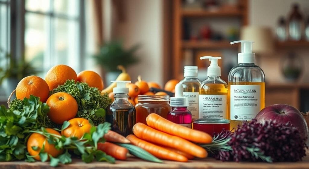 A vibrant still life depicting a variety of colorful ingredients associated with hair care and hair color maintenance. In the foreground, an array of fresh fruits and vegetables - oranges, carrots, leafy greens - arranged elegantly. In the middle ground, various jars and bottles containing natural hair oils, serums, and deep conditioning treatments. The background features a softly blurred, warm-toned interior, suggesting a cozy, nurturing environment. Gentle, diffused lighting casts a flattering glow on the scene, highlighting the rich, saturated hues of the produce and hair care products. The overall mood is one of nourishment, vitality, and radiant hair health. Routine idéale pour protéger votre couleur en hiver