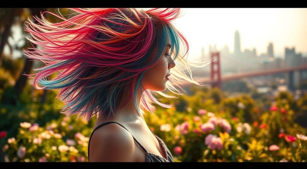 A vibrant summer scene, with wispy, ethereal hair colors cascading across the frame. In the foreground, a youthful figure with a bold, multi-toned hairstyle, vibrant streaks of color playfully dancing against a softly blurred backdrop. The middle ground features a lush, verdant garden, flowers in bloom, bathed in warm, golden light. In the distance, a dreamlike cityscape, skyscrapers and bridges, all infused with a kaleidoscopic spectrum of hues. Soft, diffused lighting creates a sense of warmth and timelessness, as if this moment exists outside the constraints of reality. Captured with a shallow depth of field, drawing the eye to the subject's captivating coiffure, a testament to the ephemeral nature of summer's bold, vibrant color trends. A vibrant summer scene, with wispy, ethereal hair colors cascading across the frame. In the foreground, a youthful figure with a bold, multi-toned hairstyle, vibrant streaks of color playfully dancing against a softly blurred backdrop. The middle ground features a lush, verdant garden, flowers in bloom, bathed in warm, golden light. In the distance, a dreamlike cityscape, skyscrapers and bridges, all infused with a kaleidoscopic spectrum of hues. Soft, diffused lighting creates a sense of warmth and timelessness, as if this moment exists outside the constraints of reality. Captured with a shallow depth of field, drawing the eye to the subject's captivating coiffure, a testament to the ephemeral nature of summer's bold, vibrant color trends.
