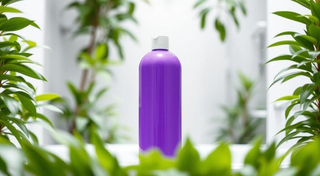A vibrant violet shampoo bottle stands prominently in the foreground, its glossy surface reflecting soft, diffused lighting. In the middle ground, a lush, verdant plant backdrop frames the shampoo, creating a serene, natural atmosphere. The background is blurred, with subtle hints of a clean, minimalist bathroom setting, emphasizing the product's centrality. The overall composition exudes a sense of luxury, purity, and gentle nourishment, perfectly capturing the characteristics and benefits of the violet-hued shampoo. A vibrant violet shampoo bottle stands prominently in the foreground, its glossy surface reflecting soft, diffused lighting. In the middle ground, a lush, verdant plant backdrop frames the shampoo, creating a serene, natural atmosphere. The background is blurred, with subtle hints of a clean, minimalist bathroom setting, emphasizing the product's centrality. The overall composition exudes a sense of luxury, purity, and gentle nourishment, perfectly capturing the characteristics and benefits of the violet-hued shampoo.