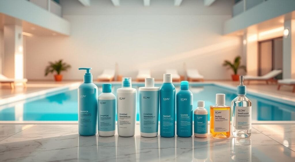 A vibrant, well-lit bathroom setting with a large, pristine swimming pool in the background. In the foreground, an array of hair care products - shampoos, conditioners, and oils - arranged neatly on a marble countertop. The lighting is warm and soft, creating a soothing, spa-like atmosphere. The products have sleek, minimalist packaging in shades of blue and white, hinting at their revitalizing, hydrating properties. The overall scene conveys a sense of routine and self-care, with the pool visible as a backdrop, suggesting a regular swimming regimen that necessitates this weekly hair care ritual. A vibrant, well-lit bathroom setting with a large, pristine swimming pool in the background. In the foreground, an array of hair care products - shampoos, conditioners, and oils - arranged neatly on a marble countertop. The lighting is warm and soft, creating a soothing, spa-like atmosphere. The products have sleek, minimalist packaging in shades of blue and white, hinting at their revitalizing, hydrating properties. The overall scene conveys a sense of routine and self-care, with the pool visible as a backdrop, suggesting a regular swimming regimen that necessitates this weekly hair care ritual.
