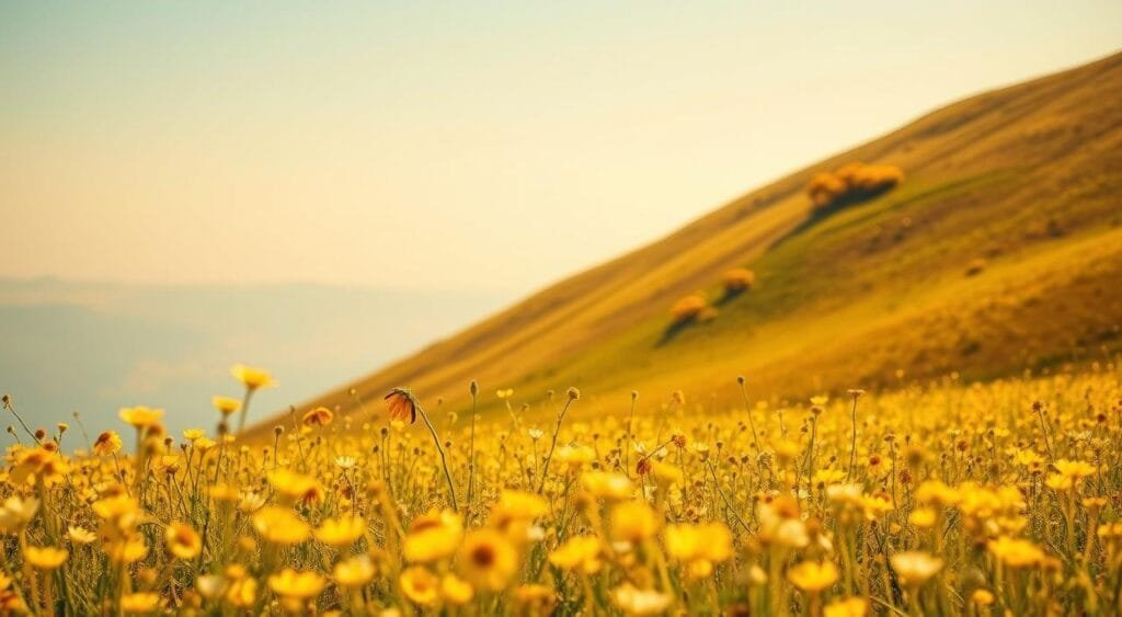 A vibrant yet soothing pastel yellow landscape, bathed in warm golden sunlight. In the foreground, a lush meadow of soft, blossoming flowers sways gently in a light breeze. The middle ground features a rolling hillside, its grassy slopes dotted with clusters of delicate, sunny blooms. In the distance, a hazy blue sky meets the horizon, creating a serene and uplifting atmosphere. The overall composition has a natural, almost dreamlike quality, capturing the tranquil energy and cheerful originality of this pastel yellow palette. A vibrant yet soothing pastel yellow landscape, bathed in warm golden sunlight. In the foreground, a lush meadow of soft, blossoming flowers sways gently in a light breeze. The middle ground features a rolling hillside, its grassy slopes dotted with clusters of delicate, sunny blooms. In the distance, a hazy blue sky meets the horizon, creating a serene and uplifting atmosphere. The overall composition has a natural, almost dreamlike quality, capturing the tranquil energy and cheerful originality of this pastel yellow palette.