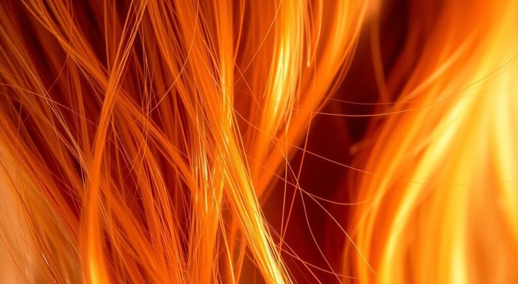 A warm, radiant close-up of a woman's hair, showcasing a natural copper-toned coloration. The lighting is soft and diffused, creating a gentle, ethereal glow on the strands. The focal point is a section of hair, with the background subtly blurred to emphasize the vibrant hues. The texture of the hair is detailed, capturing the individual strands and their shimmering highlights. The overall composition is balanced and harmonious, conveying a sense of natural beauty and effortless elegance. Les colorations végétales sont-elles vraiment efficaces ?
