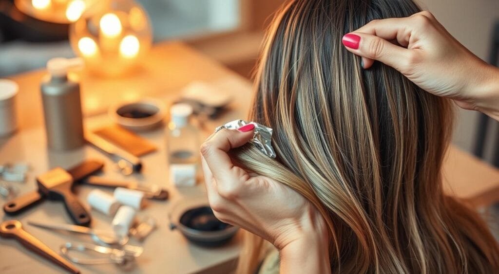 A well-lit and detailed tutorial scene showing the step-by-step process of creating natural-looking highlights at home. In the foreground, a woman's hand carefully wraps thin sections of hair in aluminum foil, creating a precise ombre effect. The middle ground features various hair care tools like combs, clips, and dye bowls. The background softly blurs, focusing attention on the intricate hair highlighting technique. Warm, flattering lighting illuminates the scene, creating a professional, educational atmosphere. The image conveys a sense of empowerment and self-care, inspiring viewers to confidently achieve salon-quality results at home. Guide : réussir ses mèches soi-même sans effet zèbre
