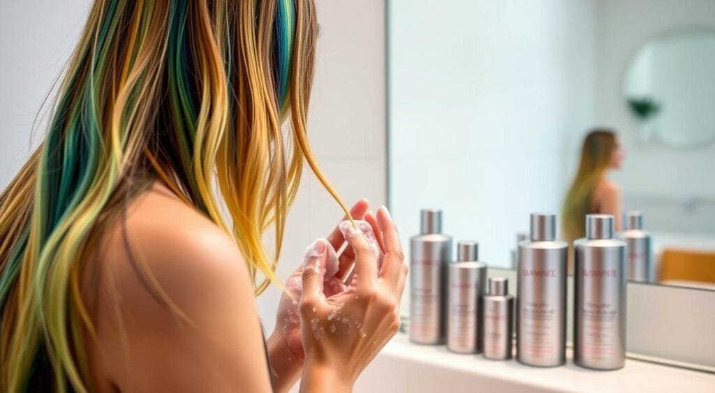 A well-lit bathroom setting with a modern, minimalist aesthetic. The foreground features a person's hands gently massaging shampoo into long, vibrant hair strands, the colors ranging from cool blues and greens to warm ambers and golds. The middle ground showcases an array of high-quality hair care products designed for color-treated hair, their sleek packaging reflecting the soft, diffused lighting. In the background, a large mirror reflects the serene scene, adding depth and a sense of tranquility. The overall mood is one of relaxation, emphasizing the importance of a thoughtful, gentle hair washing routine to maintain the vibrancy and health of colored locks during the winter months. Routine idéale pour protéger votre couleur en hiver