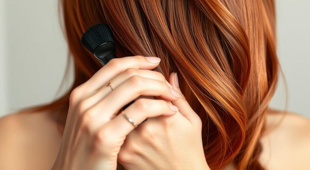 A well-lit close-up of a woman's hand carefully applying a vibrant copper-red hair color to the ends of her healthy, lustrous strands. The hair color is rich and nuanced, with warm undertones that glow against the model's fair skin. The background is softly blurred, placing the focus on the delicate application process and the luxurious, nourished texture of the hair. The lighting is natural and flattering, creating a sense of intimacy and care. The overall mood is one of thoughtful self-care and attention to detail, highlighting the importance of hair health when undergoing a dramatic color transformation. A well-lit close-up of a woman's hand carefully applying a vibrant copper-red hair color to the ends of her healthy, lustrous strands. The hair color is rich and nuanced, with warm undertones that glow against the model's fair skin. The background is softly blurred, placing the focus on the delicate application process and the luxurious, nourished texture of the hair. The lighting is natural and flattering, creating a sense of intimacy and care. The overall mood is one of thoughtful self-care and attention to detail, highlighting the importance of hair health when undergoing a dramatic color transformation.