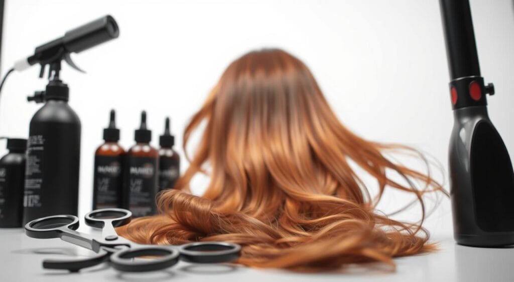 A well-lit, close-up shot of various hairstyling tools and techniques used for hair makeovers. In the foreground, a pair of professional scissors, hair dye bottles, and a curling iron are neatly arranged. In the middle ground, a model's head showcases a dramatic transformation, with their hair transitioning from dull to vibrant, flowing locks. The background features a minimalist studio setup, with a clean white backdrop that allows the hair transformation process to be the focal point. The lighting is soft and diffused, creating a high-end, editorial feel. The overall composition emphasizes the innovative and transformative nature of modern hair care techniques. A well-lit, close-up shot of various hairstyling tools and techniques used for hair makeovers. In the foreground, a pair of professional scissors, hair dye bottles, and a curling iron are neatly arranged. In the middle ground, a model's head showcases a dramatic transformation, with their hair transitioning from dull to vibrant, flowing locks. The background features a minimalist studio setup, with a clean white backdrop that allows the hair transformation process to be the focal point. The lighting is soft and diffused, creating a high-end, editorial feel. The overall composition emphasizes the innovative and transformative nature of modern hair care techniques.