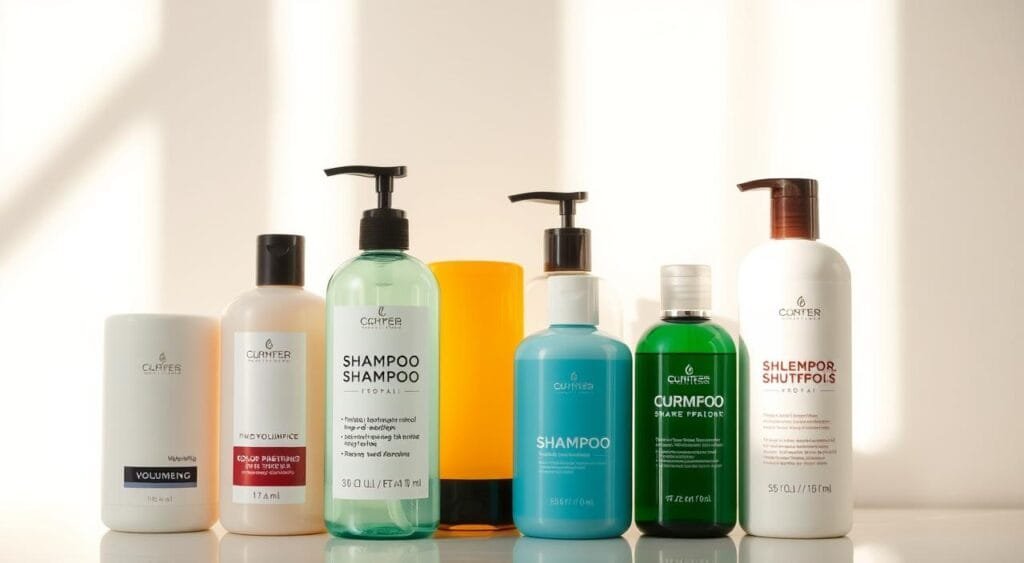 A well-lit close-up shot of various shampoo bottles against a clean, minimal background. The bottles should be arranged in a visually appealing display, showcasing different shampoo types - volumizing, moisturizing, color-protecting, etc. The lighting should be soft and diffused, creating a warm, inviting atmosphere. The composition should be balanced and aesthetically pleasing, highlighting the key details of the shampoo bottles and their labels. The scene should convey a sense of thoughtful product selection based on hair type and needs. A well-lit close-up shot of various shampoo bottles against a clean, minimal background. The bottles should be arranged in a visually appealing display, showcasing different shampoo types - volumizing, moisturizing, color-protecting, etc. The lighting should be soft and diffused, creating a warm, inviting atmosphere. The composition should be balanced and aesthetically pleasing, highlighting the key details of the shampoo bottles and their labels. The scene should convey a sense of thoughtful product selection based on hair type and needs.