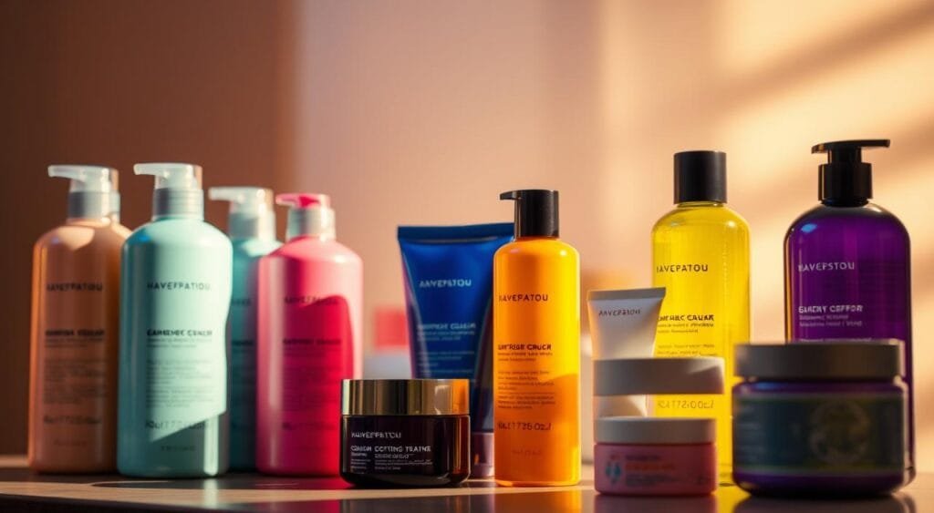 A well-lit, close-up still life featuring an array of hair care products for color-treated hair. In the foreground, an array of shampoo bottles, conditioners, and hair masks in a range of vibrant hues stand out against a soft, blurred background. The lighting is warm and diffused, casting gentle shadows and highlights that emphasize the texture and sheen of the products. The composition is balanced and visually appealing, with the products arranged in an aesthetically pleasing manner. The overall mood is one of luxury, indulgence, and the celebration of vibrant, healthy, color-treated hair. A well-lit, close-up still life featuring an array of hair care products for color-treated hair. In the foreground, an array of shampoo bottles, conditioners, and hair masks in a range of vibrant hues stand out against a soft, blurred background. The lighting is warm and diffused, casting gentle shadows and highlights that emphasize the texture and sheen of the products. The composition is balanced and visually appealing, with the products arranged in an aesthetically pleasing manner. The overall mood is one of luxury, indulgence, and the celebration of vibrant, healthy, color-treated hair.
