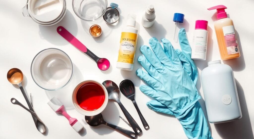 A well-lit, detailed close-up image of an array of common household items used for hair color correction and color removal, including bowls, measuring spoons, gloves, color-removing shampoos and creams, and other professional-grade hair color supplies. The items are neatly arranged on a clean, white background with soft shadows and natural lighting, conveying a sense of order and expertise. The composition should emphasize the tools and products as solutions to the problems mentioned in the article's section title, "Résoudre les problèmes courants de décoloration". A well-lit, detailed close-up image of an array of common household items used for hair color correction and color removal, including bowls, measuring spoons, gloves, color-removing shampoos and creams, and other professional-grade hair color supplies. The items are neatly arranged on a clean, white background with soft shadows and natural lighting, conveying a sense of order and expertise. The composition should emphasize the tools and products as solutions to the problems mentioned in the article's section title, "Résoudre les problèmes courants de décoloration".