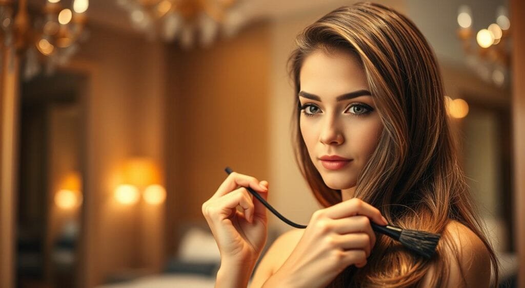 A well-lit, elegant interior setting featuring a young woman with luxurious, expertly colored hair. The middle ground showcases her applying a professional hair coloring treatment, with a serene expression of focus. The background gently blurs, emphasizing the task at hand. Warm, diffused lighting creates a soft, inviting atmosphere, while the camera angle suggests an intimate, instructional perspective. The scene conveys an educational, informative mood, suitable for guiding readers through the process of successful at-home hair coloration. A well-lit, elegant interior setting featuring a young woman with luxurious, expertly colored hair. The middle ground showcases her applying a professional hair coloring treatment, with a serene expression of focus. The background gently blurs, emphasizing the task at hand. Warm, diffused lighting creates a soft, inviting atmosphere, while the camera angle suggests an intimate, instructional perspective. The scene conveys an educational, informative mood, suitable for guiding readers through the process of successful at-home hair coloration.