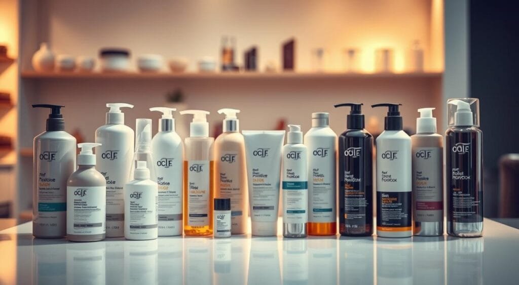 A well-lit product display showcasing a variety of professional haircare products. In the foreground, an assortment of shampoos, conditioners, and styling products in various sizes and packaging, arranged neatly on a clean, white surface. In the middle ground, a few models of the products are visible, with their labels and branding clearly legible. The background is softly blurred, creating a sense of depth and focus on the haircare items. The lighting is warm and flattering, highlighting the textures and colors of the products. The overall composition is visually appealing, emphasizing the high-quality and professional nature of the haircare line. A well-lit product display showcasing a variety of professional haircare products. In the foreground, an assortment of shampoos, conditioners, and styling products in various sizes and packaging, arranged neatly on a clean, white surface. In the middle ground, a few models of the products are visible, with their labels and branding clearly legible. The background is softly blurred, creating a sense of depth and focus on the haircare items. The lighting is warm and flattering, highlighting the textures and colors of the products. The overall composition is visually appealing, emphasizing the high-quality and professional nature of the haircare line.