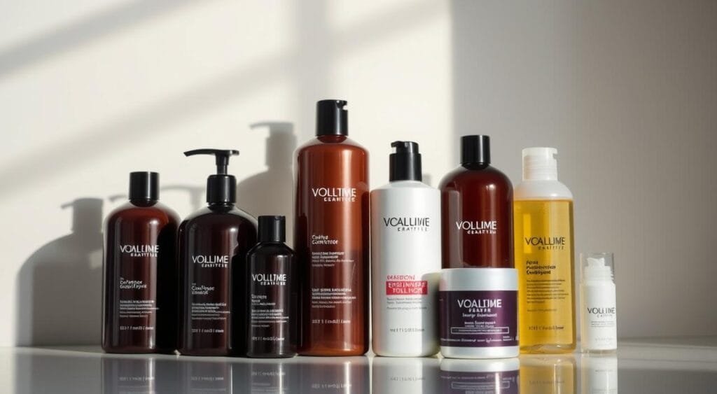 A well-lit, professionally-styled product shot of an assortment of effective hair care products, including shampoo, conditioner, and styling aids, set against a clean, minimalist background. The products should be arranged in an appealing, visually balanced composition, highlighting their high-quality, professional-grade packaging and branding. Soft, directional lighting from the side and above accentuates the textures and reflections of the products, creating a sense of depth and clarity. The overall mood should convey a sense of sophistication, efficacy, and suitability for use in a home setting. A well-lit, professionally-styled product shot of an assortment of effective hair care products, including shampoo, conditioner, and styling aids, set against a clean, minimalist background. The products should be arranged in an appealing, visually balanced composition, highlighting their high-quality, professional-grade packaging and branding. Soft, directional lighting from the side and above accentuates the textures and reflections of the products, creating a sense of depth and clarity. The overall mood should convey a sense of sophistication, efficacy, and suitability for use in a home setting.