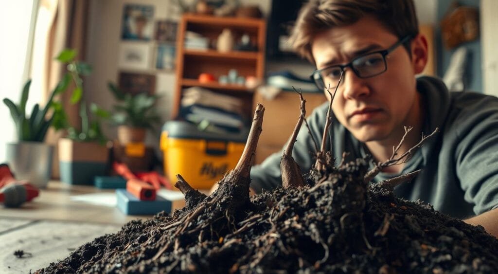 A well-lit room with various common household items scattered around, including a plant, a toolbox, and some gardening gloves. In the foreground, a close-up view of several visible tree roots protruding from the soil, with a concerned expression on a person's face as they evaluate the situation. The lighting is warm and natural, creating a sense of thoughtfulness and problem-solving. The composition emphasizes the roots and the person's focus, while the background provides context and a sense of the domestic setting. The overall mood is one of careful attention and a desire to address the issue at hand. A well-lit room with various common household items scattered around, including a plant, a toolbox, and some gardening gloves. In the foreground, a close-up view of several visible tree roots protruding from the soil, with a concerned expression on a person's face as they evaluate the situation. The lighting is warm and natural, creating a sense of thoughtfulness and problem-solving. The composition emphasizes the roots and the person's focus, while the background provides context and a sense of the domestic setting. The overall mood is one of careful attention and a desire to address the issue at hand.