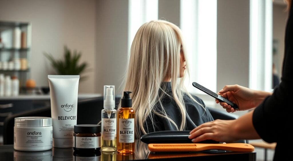 A well-lit salon scene, featuring a model with freshly bleached and toned hair, seated in a styling chair. The foreground showcases an array of hair care products, including a deep conditioning mask, hair serum, and a wide-tooth comb. The middle ground shows the stylist's hands gently working the product through the model's hair, with careful attention to the roots and ends. The background depicts a clean, minimalist salon interior with soft, diffused lighting, creating a relaxing, spa-like atmosphere. The overall mood conveys a sense of self-care, rejuvenation, and a commitment to maintaining the health and vibrancy of the model's post-bleached tresses. A well-lit salon scene, featuring a model with freshly bleached and toned hair, seated in a styling chair. The foreground showcases an array of hair care products, including a deep conditioning mask, hair serum, and a wide-tooth comb. The middle ground shows the stylist's hands gently working the product through the model's hair, with careful attention to the roots and ends. The background depicts a clean, minimalist salon interior with soft, diffused lighting, creating a relaxing, spa-like atmosphere. The overall mood conveys a sense of self-care, rejuvenation, and a commitment to maintaining the health and vibrancy of the model's post-bleached tresses.