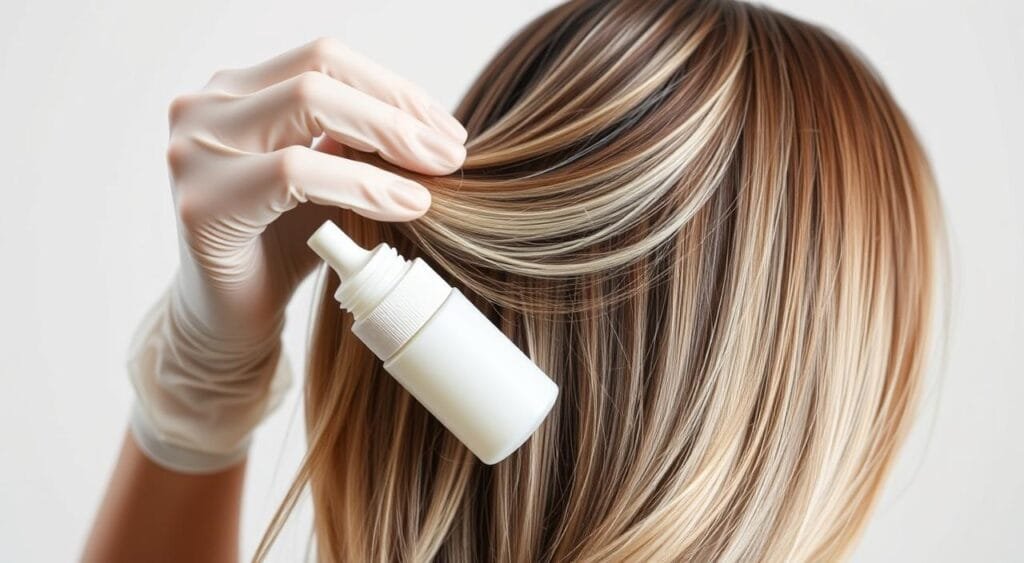 A well-lit studio scene depicting a hand applying a bleaching hair product to the hair strands of a model. The model's head is tilted back, allowing the product to be evenly distributed from the roots to the tips. The hand is wearing a protective glove, and the product's applicator bottle is clearly visible in the foreground. The background is blurred, creating a sense of focus on the application process. Subtle highlights and shadows enhance the texture and movement of the hair, capturing the intricate technique required for a proper at-home hair bleaching treatment. A well-lit studio scene depicting a hand applying a bleaching hair product to the hair strands of a model. The model's head is tilted back, allowing the product to be evenly distributed from the roots to the tips. The hand is wearing a protective glove, and the product's applicator bottle is clearly visible in the foreground. The background is blurred, creating a sense of focus on the application process. Subtle highlights and shadows enhance the texture and movement of the hair, capturing the intricate technique required for a proper at-home hair bleaching treatment.