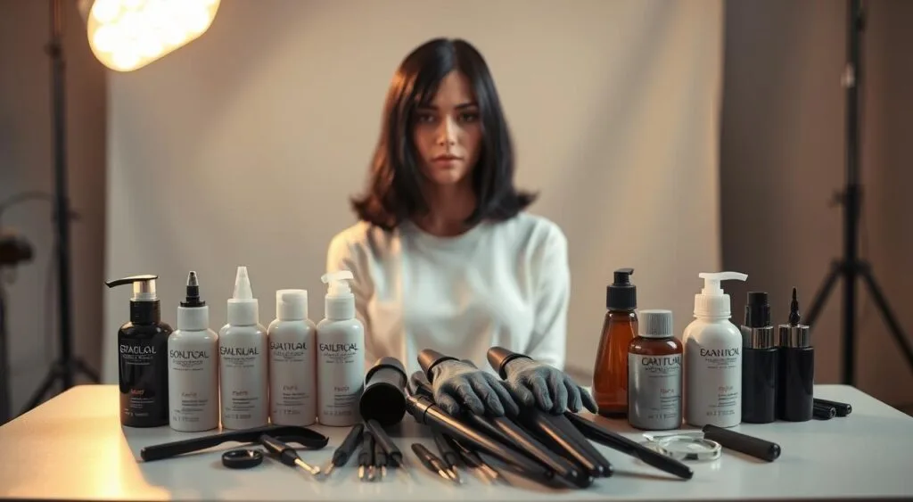 A well-lit studio setting with a professional hairstylist's workstation in the foreground. On the table, an assortment of hair coloring products, gloves, and applicator tools are neatly arranged. In the middle ground, a model with shoulder-length dark hair sits patiently, their face partially obscured. The background features a neutral, soft-focused backdrop, creating a sense of focus on the coloring preparation process. Warm, natural lighting illuminates the scene, highlighting the textures and tones of the hair products. The overall mood is one of calm, focused attention to detail, setting the stage for the transformative hair coloration process. A well-lit studio setting with a professional hairstylist's workstation in the foreground. On the table, an assortment of hair coloring products, gloves, and applicator tools are neatly arranged. In the middle ground, a model with shoulder-length dark hair sits patiently, their face partially obscured. The background features a neutral, soft-focused backdrop, creating a sense of focus on the coloring preparation process. Warm, natural lighting illuminates the scene, highlighting the textures and tones of the hair products. The overall mood is one of calm, focused attention to detail, setting the stage for the transformative hair coloration process.