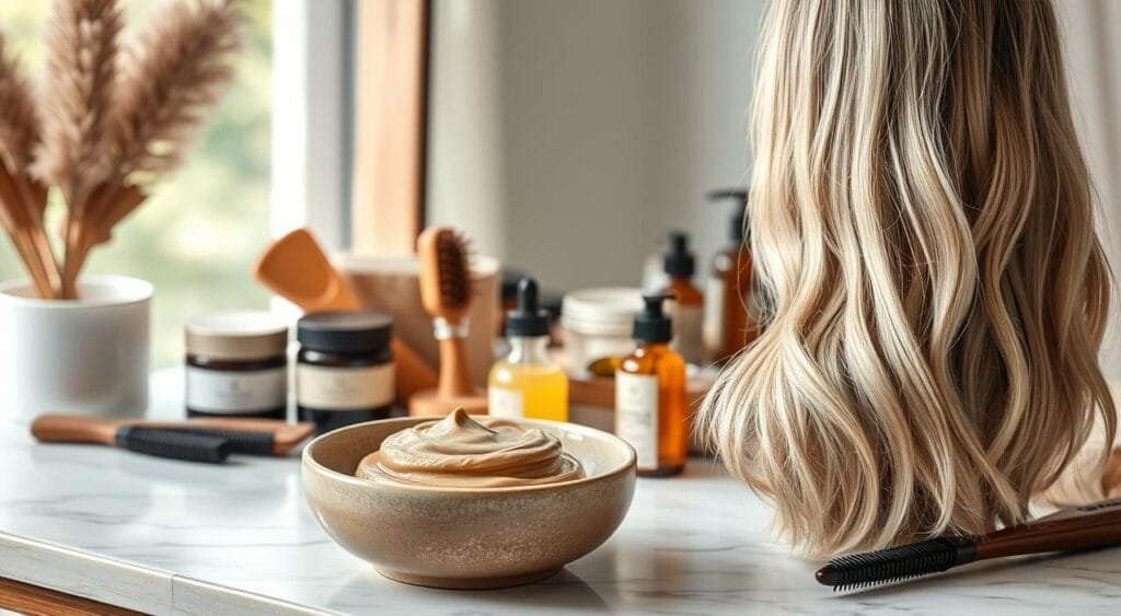A well-lit vanity table with a mirror, showcasing an assortment of high-quality hair care products for a routine capillaire. In the foreground, a ceramic bowl filled with luxurious hair masks, oils, and serums in muted, earthy tones. Midground features brushes, combs, and styling tools arranged neatly. The background depicts a soothing, natural environment, perhaps with soft, diffused lighting from a nearby window, creating a calming, spa-like ambiance. The overall mood is one of relaxation, indulgence, and attention to detail in maintaining the health and vibrancy of a stunning, ashy blonde hair color. A well-lit vanity table with a mirror, showcasing an assortment of high-quality hair care products for a routine capillaire. In the foreground, a ceramic bowl filled with luxurious hair masks, oils, and serums in muted, earthy tones. Midground features brushes, combs, and styling tools arranged neatly. The background depicts a soothing, natural environment, perhaps with soft, diffused lighting from a nearby window, creating a calming, spa-like ambiance. The overall mood is one of relaxation, indulgence, and attention to detail in maintaining the health and vibrancy of a stunning, ashy blonde hair color.