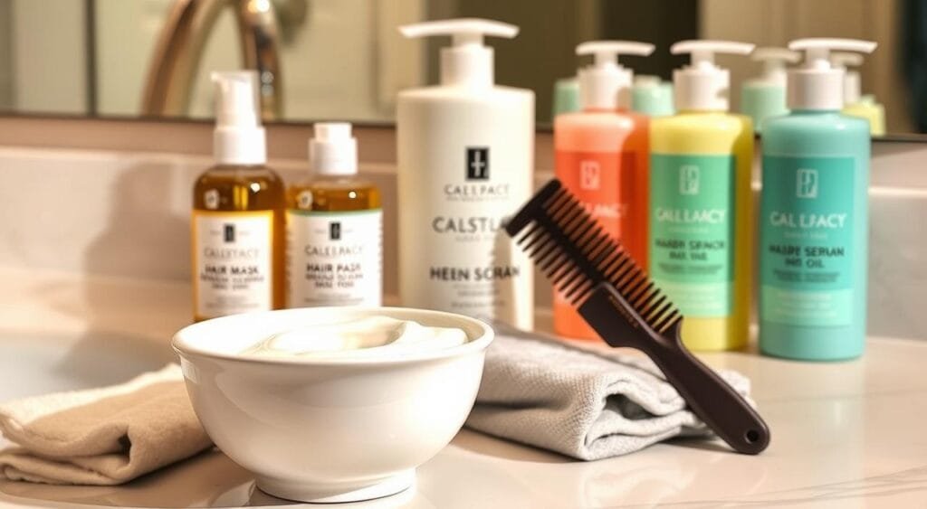 A well-lit vanity top showcases an array of haircare products for post-bleaching care. In the foreground, a gleaming ceramic bowl contains a creamy deep conditioning treatment, complemented by a silky hair serum, a wide-tooth comb, and a soft microfiber towel. The middle ground features a luxurious hair mask in a frosted glass jar, alongside a bottle of nourishing hair oil. In the background, a trio of gentle shampoos in soothing pastel hues stand ready to gently cleanse the delicate, processed strands. Soft, diffused lighting casts a warm, inviting glow, creating an atmosphere of pampering and restoration. A well-lit vanity top showcases an array of haircare products for post-bleaching care. In the foreground, a gleaming ceramic bowl contains a creamy deep conditioning treatment, complemented by a silky hair serum, a wide-tooth comb, and a soft microfiber towel. The middle ground features a luxurious hair mask in a frosted glass jar, alongside a bottle of nourishing hair oil. In the background, a trio of gentle shampoos in soothing pastel hues stand ready to gently cleanse the delicate, processed strands. Soft, diffused lighting casts a warm, inviting glow, creating an atmosphere of pampering and restoration.