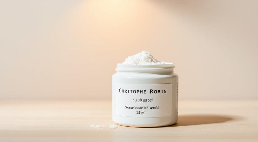A white ceramic jar with a minimalist label "Christophe Robin Scrub au Sel" rests on a light wooden surface. The jar's lid is slightly open, revealing the coarse, salt-based scrub inside. Soft, warm lighting from an overhead source illuminates the scene, casting subtle shadows and highlights that accentuate the texture and materiality of the product. The background is blurred, creating a clean, studio-like setting that focuses the viewer's attention on the jar and its contents. The overall mood is one of simplicity, quality, and an air of professional, high-end haircare. A white ceramic jar with a minimalist label "Christophe Robin Scrub au Sel" rests on a light wooden surface. The jar's lid is slightly open, revealing the coarse, salt-based scrub inside. Soft, warm lighting from an overhead source illuminates the scene, casting subtle shadows and highlights that accentuate the texture and materiality of the product. The background is blurred, creating a clean, studio-like setting that focuses the viewer's attention on the jar and its contents. The overall mood is one of simplicity, quality, and an air of professional, high-end haircare.