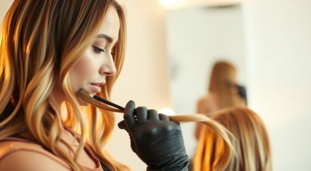 A woman applying balayage hair highlights with careful, delicate strokes. The warm, soft lighting illuminates her face as she focuses intently on the process, creating a serene, intimate atmosphere. In the foreground, her gloved hands gently paint strands of hair, blending the colors seamlessly. The middle ground reveals a mirror reflecting her careful work, while the background depicts a clean, minimalist salon setting with neutral tones. The overall scene conveys a sense of precision, skill, and the transformative power of the balayage technique. A woman applying balayage hair highlights with careful, delicate strokes. The warm, soft lighting illuminates her face as she focuses intently on the process, creating a serene, intimate atmosphere. In the foreground, her gloved hands gently paint strands of hair, blending the colors seamlessly. The middle ground reveals a mirror reflecting her careful work, while the background depicts a clean, minimalist salon setting with neutral tones. The overall scene conveys a sense of precision, skill, and the transformative power of the balayage technique.