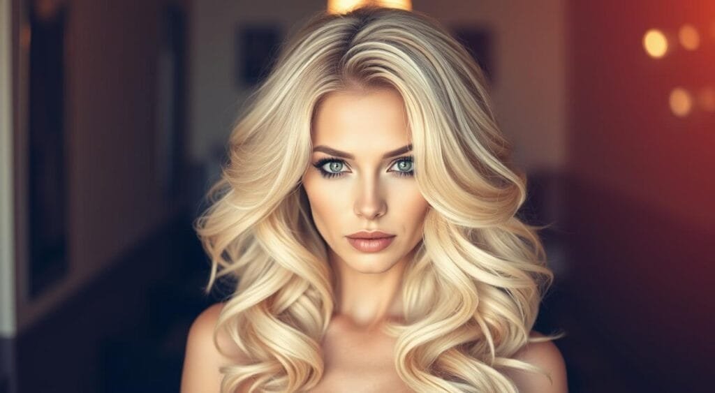 A woman with a dramatic, radiant blonde hairstyle stands center frame, her gaze confident and intense. Her hair cascades in voluminous waves, framing her face in a striking, transformative style. Soft, warm lighting accentuates the vibrant color and texture of her tresses, creating a sense of luminosity. The background is slightly blurred, keeping the focus on the woman's captivating new look. The overall mood is one of bold, empowered femininity - a striking "before and after" moment captured in time. A woman with a dramatic, radiant blonde hairstyle stands center frame, her gaze confident and intense. Her hair cascades in voluminous waves, framing her face in a striking, transformative style. Soft, warm lighting accentuates the vibrant color and texture of her tresses, creating a sense of luminosity. The background is slightly blurred, keeping the focus on the woman's captivating new look. The overall mood is one of bold, empowered femininity - a striking "before and after" moment captured in time.