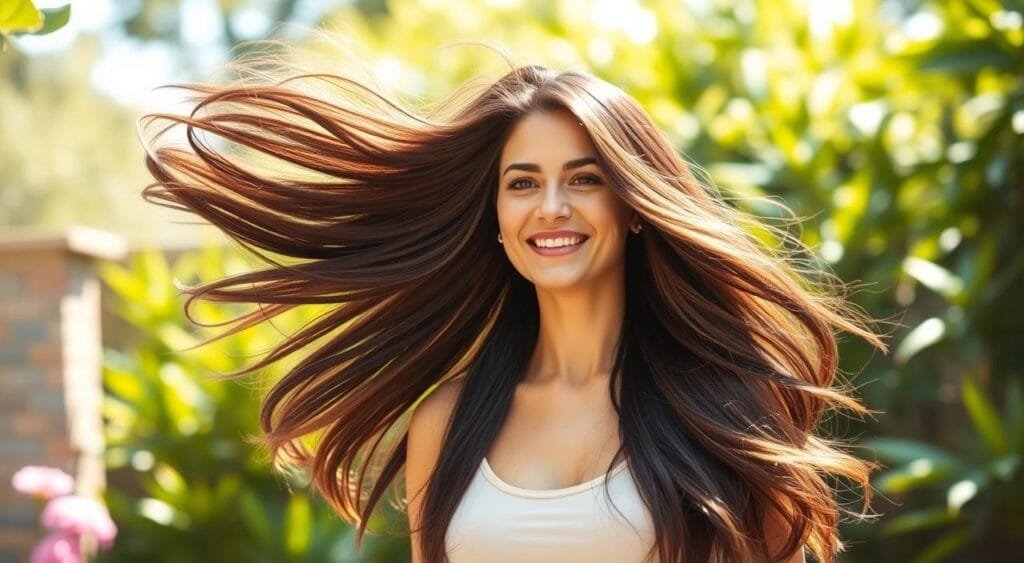 A woman with a full head of luxurious, glossy hair standing tall and confident, her locks flowing in a gentle breeze. She stands in a serene, sun-dappled garden, surrounded by lush greenery and soft, diffused lighting that highlights the healthy shine of her renewed tresses. Her expression radiates joy and vitality, a testament to the remarkable journey of hair recovery after a difficult medical ordeal. The scene captures the triumph of resilience, the power of the human body to heal, and the transformative impact of hair regrowth on one's sense of self and well-being. A woman with a full head of luxurious, glossy hair standing tall and confident, her locks flowing in a gentle breeze. She stands in a serene, sun-dappled garden, surrounded by lush greenery and soft, diffused lighting that highlights the healthy shine of her renewed tresses. Her expression radiates joy and vitality, a testament to the remarkable journey of hair recovery after a difficult medical ordeal. The scene captures the triumph of resilience, the power of the human body to heal, and the transformative impact of hair regrowth on one's sense of self and well-being.