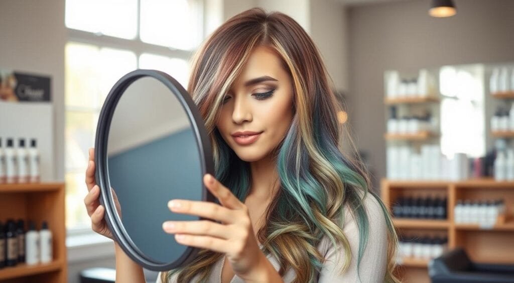 A woman with vibrant, healthy-looking hair stands in a well-lit salon, her focus on a hand mirror as she examines the color. Soft, natural lighting filters through large windows, casting a warm, inviting glow. In the background, shelves of professional hair care products suggest a scene of expert hair care. The woman's expression is serene, conveying a sense of satisfaction as she admires the refreshed, revitalized tone of her hair color. Subtle highlights and lowlights add depth and dimension, creating a polished, salon-quality look. Routine express pour rafraîchir une coloration passée