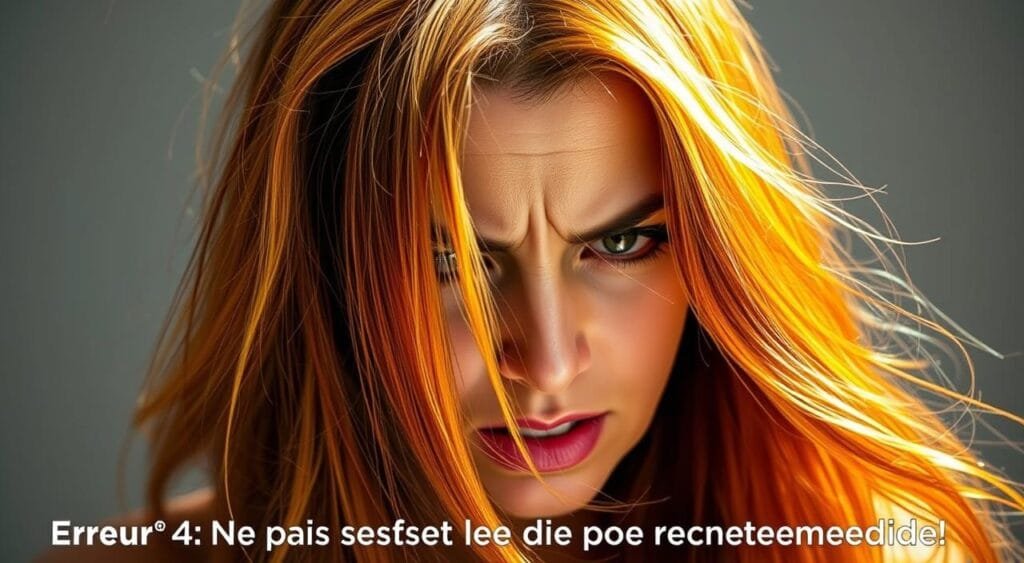 A woman's head and shoulders in close-up view, with strands of hair in various shades of orange, yellow, and brown, suggesting a botched hair coloring attempt. The lighting is harsh, creating sharp contrasts and shadows that emphasize the uneven, patchy color application. The woman's expression is one of dismay or frustration, capturing the emotional impact of the coloring mishap. The background is blurred, keeping the focus on the damaged hair and the subject's reaction. The overall mood is one of tension and disappointment, conveying the "Erreur n°4 : Ne pas respecter le temps de pose recommandé" theme. 5 erreurs fréquentes lors de l'application d'une coloration