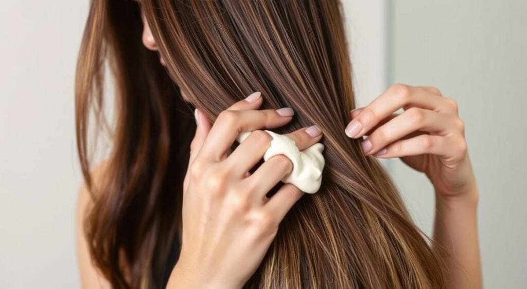 A young woman with long, healthy hair is carefully applying a rich, creamy hair mask to the length of her hair, focusing on the ends. The scene is shot from the side, capturing the intricate motion of her hands as she works the product through her tresses. Soft, even lighting illuminates the delicate textures of her hair and the reflective shine of the mask. The background is blurred, keeping the focus on the attentive application process. The overall mood is one of calm, mindful self-care, conveying the importance of properly using a hair mask for optimal hair health and conditioning. A young woman with long, healthy hair is carefully applying a rich, creamy hair mask to the length of her hair, focusing on the ends. The scene is shot from the side, capturing the intricate motion of her hands as she works the product through her tresses. Soft, even lighting illuminates the delicate textures of her hair and the reflective shine of the mask. The background is blurred, keeping the focus on the attentive application process. The overall mood is one of calm, mindful self-care, conveying the importance of properly using a hair mask for optimal hair health and conditioning.