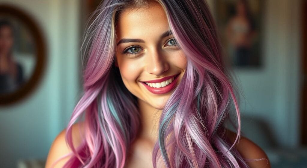 A young woman with vibrant, multicolored hair strands cascading in a soft, natural flow. The coloration appears ephemeral, with hues of pink, lavender, and teal blending seamlessly. The lighting is soft and diffused, creating a luminous, ethereal atmosphere. The focus is on the hair, with a blurred, out-of-focus background suggesting an intimate, personal setting. The expression on the model's face conveys a sense of joy and confidence, highlighting the transformative and expressive nature of the temporary hair coloration. A young woman with vibrant, multicolored hair strands cascading in a soft, natural flow. The coloration appears ephemeral, with hues of pink, lavender, and teal blending seamlessly. The lighting is soft and diffused, creating a luminous, ethereal atmosphere. The focus is on the hair, with a blurred, out-of-focus background suggesting an intimate, personal setting. The expression on the model's face conveys a sense of joy and confidence, highlighting the transformative and expressive nature of the temporary hair coloration.
