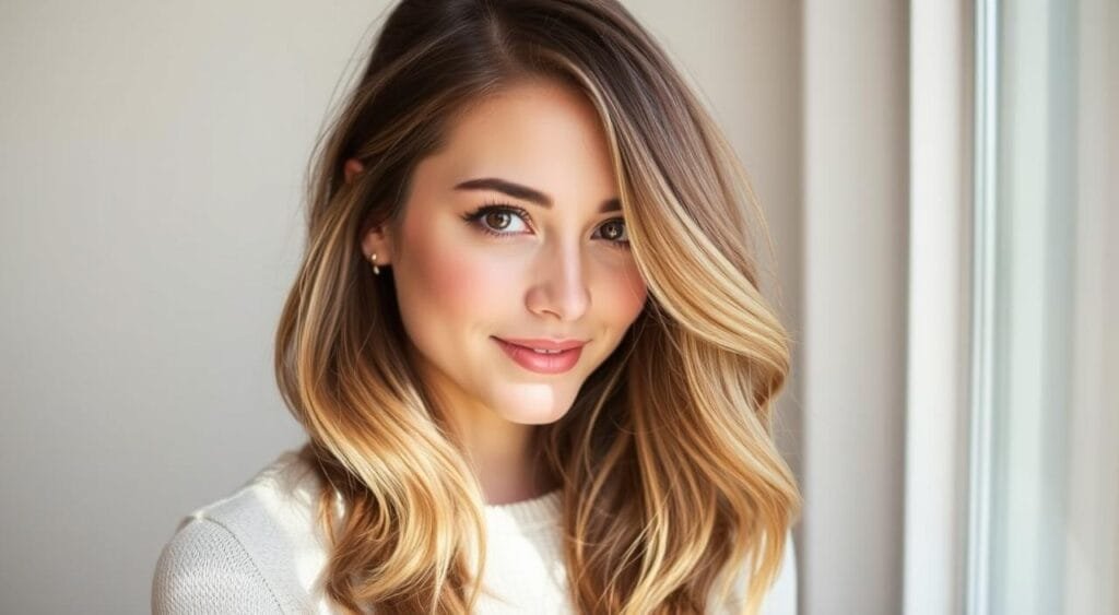 A youthful woman with glowing, healthy hair showcasing a chic ombre and balayage color technique. The subject is positioned in natural, warm lighting, perhaps near a window, highlighting the dimensional, soft tones of the hairstyle. The focus is on the hair, with a simple, uncluttered background that allows the coloration to take center stage. The overall mood is effortless, modern, and subtly rejuvenating, reflecting the title "L'ombré et le balayage : des techniques qui allègent et rajeunissent". Les 10 couleurs de cheveux qui rajeunissent instantanément