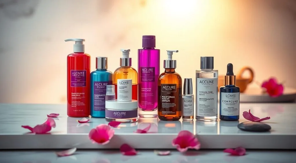 Beautifully arranged hair care products on a sleek, minimalist surface. In the foreground, an assortment of colored shampoo bottles, conditioners, and hair masks in vibrant hues of blue, purple, and red. The middle ground showcases a luxurious, hydrating hair oil and a glossy, restorative hair serum. In the background, a softly blurred backdrop of natural elements, like delicate flower petals or smooth river stones, creating a serene, spa-like atmosphere. Warm, diffused lighting casts a gentle glow, highlighting the rich colors and textures of the hair care items. The overall composition exudes a sense of rejuvenation and care for colored, dry, and damaged hair. Beautifully arranged hair care products on a sleek, minimalist surface. In the foreground, an assortment of colored shampoo bottles, conditioners, and hair masks in vibrant hues of blue, purple, and red. The middle ground showcases a luxurious, hydrating hair oil and a glossy, restorative hair serum. In the background, a softly blurred backdrop of natural elements, like delicate flower petals or smooth river stones, creating a serene, spa-like atmosphere. Warm, diffused lighting casts a gentle glow, highlighting the rich colors and textures of the hair care items. The overall composition exudes a sense of rejuvenation and care for colored, dry, and damaged hair.