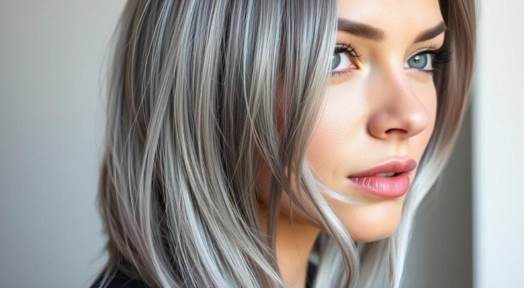 Coloration cheveux gris: A close-up portrait of a woman with beautifully styled silver-gray hair, captured in soft, diffused lighting that accentuates the natural sheen and vibrancy of the color. The subject's expression is serene and confident, conveying a sense of grace and elegance. The image is framed to draw the viewer's attention to the exquisite hue of the hair, which appears vibrant and healthy, with subtle highlights and lowlights that add depth and dimension. The background is intentionally blurred, keeping the focus on the captivating silver strands that are the true star of the composition. Routine pour entretenir les cheveux gris/blancs colorés