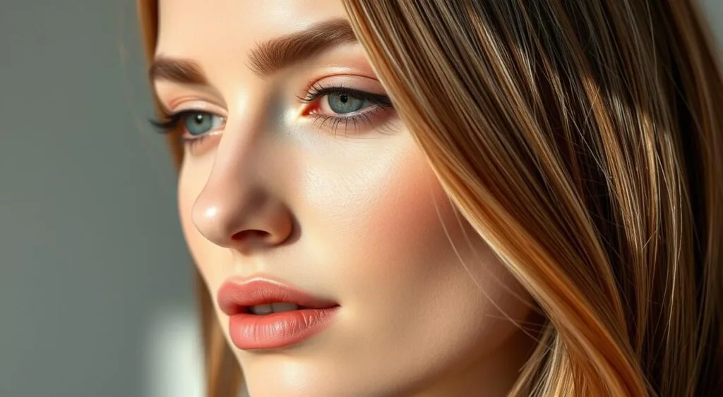 Detailed close-up portrait of a model's face in soft, natural lighting, showcasing the application of professional hair coloration. The model has medium-length brown hair with subtle highlights and lowlights, creating a multi-dimensional, sophisticated color treatment. Their expression is serene, highlighting the quality of the salon-grade color work. The focus is on the midface and hairline, with a blurred, minimalist background that emphasizes the principal subject. Captured with a shallow depth of field using a high-quality DSLR lens to accentuate the texture and sheen of the hair. Detailed close-up portrait of a model's face in soft, natural lighting, showcasing the application of professional hair coloration. The model has medium-length brown hair with subtle highlights and lowlights, creating a multi-dimensional, sophisticated color treatment. Their expression is serene, highlighting the quality of the salon-grade color work. The focus is on the midface and hairline, with a blurred, minimalist background that emphasizes the principal subject. Captured with a shallow depth of field using a high-quality DSLR lens to accentuate the texture and sheen of the hair.