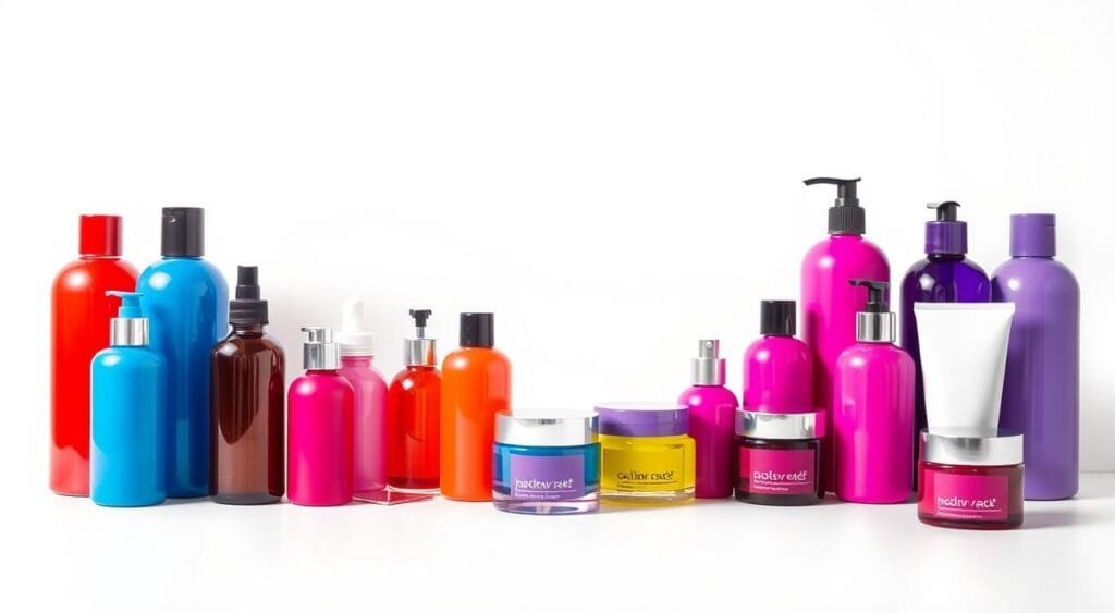 Detailed still life of a selection of vibrant, color-treated hair care products on a clean white background. The foreground features an array of bottles, tubes, and jars in a variety of bold, saturated shades like ruby red, electric blue, and vibrant violet. The middle ground showcases the products in a natural, well-lit setting, with soft shadows and highlights accentuating their shapes and textures. The background is a plain, minimalist backdrop that allows the colorful products to take center stage. The overall composition conveys a sense of high-quality, professional-grade hair care essentials that are both visually striking and effective for maintaining vibrant, healthy color-treated hair. Detailed still life of a selection of vibrant, color-treated hair care products on a clean white background. The foreground features an array of bottles, tubes, and jars in a variety of bold, saturated shades like ruby red, electric blue, and vibrant violet. The middle ground showcases the products in a natural, well-lit setting, with soft shadows and highlights accentuating their shapes and textures. The background is a plain, minimalist backdrop that allows the colorful products to take center stage. The overall composition conveys a sense of high-quality, professional-grade hair care essentials that are both visually striking and effective for maintaining vibrant, healthy color-treated hair.
