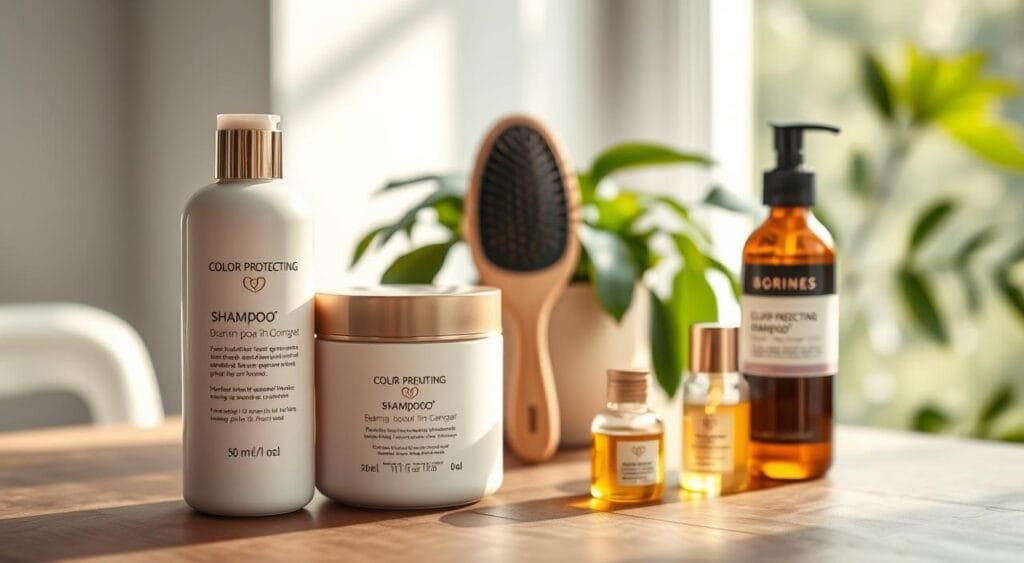 Ethereal hair care still life: a selection of premium hair products arranged on a wooden surface, with soft natural lighting illuminating their elegant packaging. In the foreground, a bottle of color-protecting shampoo, a moisturizing hair mask, and a leave-in conditioner. In the middle ground, a ceramic brush and a small glass jar of nourishing hair oil. In the background, a lush green plant and a subtle bokeh effect, creating a serene, spa-like atmosphere. The overall mood is one of luxurious self-care and rejuvenation for color-treated hair. Ethereal hair care still life: a selection of premium hair products arranged on a wooden surface, with soft natural lighting illuminating their elegant packaging. In the foreground, a bottle of color-protecting shampoo, a moisturizing hair mask, and a leave-in conditioner. In the middle ground, a ceramic brush and a small glass jar of nourishing hair oil. In the background, a lush green plant and a subtle bokeh effect, creating a serene, spa-like atmosphere. The overall mood is one of luxurious self-care and rejuvenation for color-treated hair.