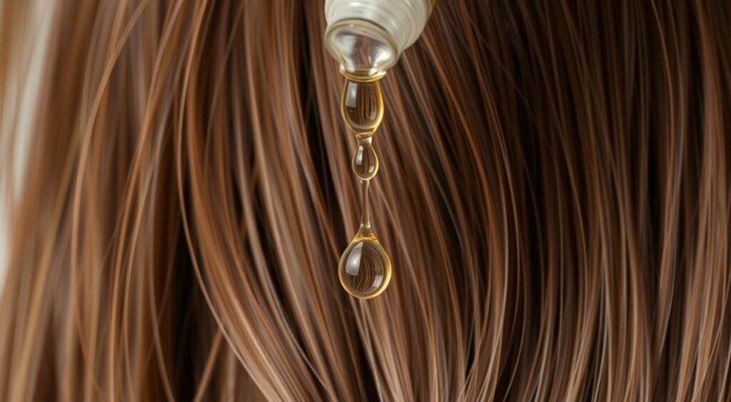 Génération d'image : un flacon de sérum capillaire avec des gouttes tombant sur un fond de cheveux sains Génération d'image : un flacon de sérum capillaire avec des gouttes tombant sur un fond de cheveux sains