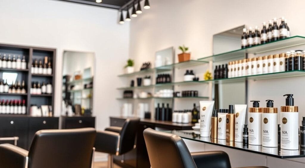 Image d'un salon de coiffure professionnel avec des produits capillaires de haute qualité Image d'un salon de coiffure professionnel avec des produits capillaires de haute qualité