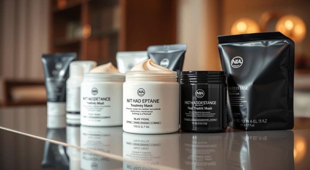Intricate, high-performance hair treatment masks, arranged on a sleek, reflective surface. Soft, warm lighting from above creates a gentle, luxurious atmosphere. The masks, in various shapes and sizes, are shown in close-up, highlighting their rich, creamy textures and premium, salon-quality packaging. The depth of field emphasizes the foreground focus, while the background fades into a subtle, out-of-focus blur, drawing the viewer's attention to the captivating hair care products. The image conveys a sense of professional, intensive hair care and the promise of revitalized, healthy-looking locks. Intricate, high-performance hair treatment masks, arranged on a sleek, reflective surface. Soft, warm lighting from above creates a gentle, luxurious atmosphere. The masks, in various shapes and sizes, are shown in close-up, highlighting their rich, creamy textures and premium, salon-quality packaging. The depth of field emphasizes the foreground focus, while the background fades into a subtle, out-of-focus blur, drawing the viewer's attention to the captivating hair care products. The image conveys a sense of professional, intensive hair care and the promise of revitalized, healthy-looking locks.