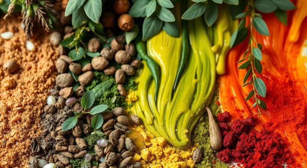 Lush, organic botanical ingredients spilling forth in vibrant hues, a verdant cascade of natural pigments embracing the canvas. Earthy tones mingle with verdant greens, sun-kissed yellows, and rich jewel-toned reds, creating a harmony of pure, unadulterated color. Soft, diffused lighting illuminates the scene, casting a warm, inviting glow that heightens the inherent beauty of these plant-based dyes. Arranged in an artful still life, the tinctures and extracts evoke a sense of purity, sustainability, and the boundless potential of nature's palette. A celebration of the advantages of bio-based, eco-friendly hair coloring solutions. Les colorations végétales sont-elles vraiment efficaces ?