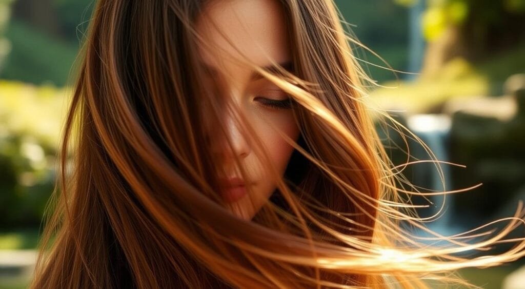 Lustrous, hydrated locks in a stunning natural lighting setup. A model's face is partially obscured, their gaze soft and serene, hair flowing gracefully. The background is a tranquil, softly blurred natural landscape - lush greenery, perhaps a hint of a waterfall. The lighting is warm and diffused, creating a sense of calm and rejuvenation. The image conveys a feeling of nourishment and renewed vitality, reflecting the article's focus on adapting one's lifestyle to hydrate dry, color-treated hair. Lustrous, hydrated locks in a stunning natural lighting setup. A model's face is partially obscured, their gaze soft and serene, hair flowing gracefully. The background is a tranquil, softly blurred natural landscape - lush greenery, perhaps a hint of a waterfall. The lighting is warm and diffused, creating a sense of calm and rejuvenation. The image conveys a feeling of nourishment and renewed vitality, reflecting the article's focus on adapting one's lifestyle to hydrate dry, color-treated hair.