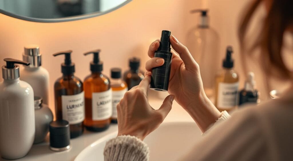 Routine capillaire: a meticulously organized vanity, its surface adorned with an array of glass bottles, each containing a different potion for hair health. Soft, warm lighting casts a gentle glow, accentuating the myriad textures - smooth ceramic, sleek metal, and the alluring sheen of premium hair care products. In the foreground, a pair of dainty, well-maintained hands delicately apply a luxurious serum, the ritual of self-care unfolding with practiced precision. The background fades into a soft, dreamlike blur, placing the focus solely on the intricate process of maintaining a polished, salon-worthy coiffure. An intimate, almost meditative scene, capturing the modern pursuit of perfect hair and the true cost it demands. Routine capillaire: a meticulously organized vanity, its surface adorned with an array of glass bottles, each containing a different potion for hair health. Soft, warm lighting casts a gentle glow, accentuating the myriad textures - smooth ceramic, sleek metal, and the alluring sheen of premium hair care products. In the foreground, a pair of dainty, well-maintained hands delicately apply a luxurious serum, the ritual of self-care unfolding with practiced precision. The background fades into a soft, dreamlike blur, placing the focus solely on the intricate process of maintaining a polished, salon-worthy coiffure. An intimate, almost meditative scene, capturing the modern pursuit of perfect hair and the true cost it demands.