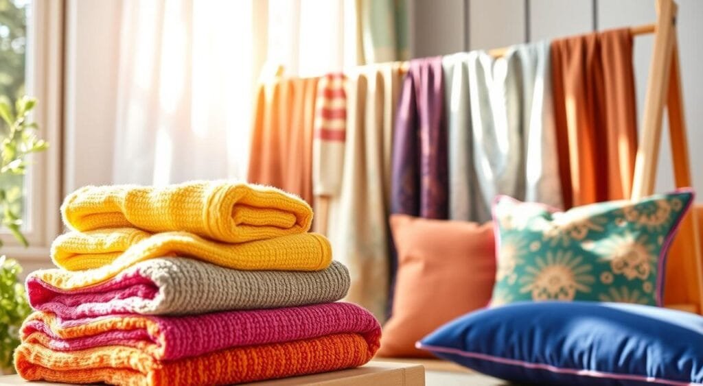 Vibrant and well-maintained home textiles in a tranquil, sun-dappled setting. A neatly folded stack of plush, colorful towels, their hues seemingly radiant. Crisp, freshly laundered curtains billowing gently in a soft breeze, their patterns dynamic and inviting. In the background, a wooden drying rack holds an array of freshly washed and still damp linens, their colors vivid and true. Carefully arranged decorative pillows in a spectrum of jewel-toned hues complete the serene, hygge-inspired scene, conveying the warmth and comfort of a well-cared-for home. Vibrant and well-maintained home textiles in a tranquil, sun-dappled setting. A neatly folded stack of plush, colorful towels, their hues seemingly radiant. Crisp, freshly laundered curtains billowing gently in a soft breeze, their patterns dynamic and inviting. In the background, a wooden drying rack holds an array of freshly washed and still damp linens, their colors vivid and true. Carefully arranged decorative pillows in a spectrum of jewel-toned hues complete the serene, hygge-inspired scene, conveying the warmth and comfort of a well-cared-for home.