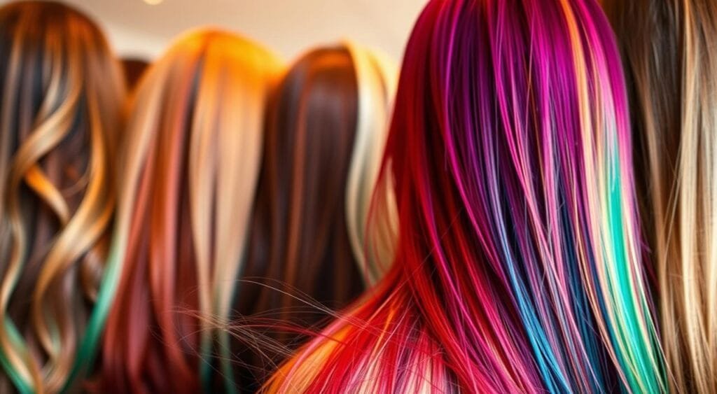 Vibrant hair color solutions: a colorful array of stylish, well-maintained locks against a softly blurred background. In the foreground, a close-up view showcases the rich, glossy tones of dyed hair, with strands reflecting the light and capturing the viewer's attention. The middle ground reveals a variety of hair types and lengths, each hue expertly blended and harmonized. In the background, a subtle, dreamy atmosphere sets the scene, with gentle lighting and a sense of movement, suggesting the versatility and dynamism of these color-treated hairstyles. The overall composition conveys a sense of salon-quality care, professional expertise, and a touch of artistic flair, perfectly capturing the spirit of the "Solutions spécifiques selon le type de coloration" section. Vibrant hair color solutions: a colorful array of stylish, well-maintained locks against a softly blurred background. In the foreground, a close-up view showcases the rich, glossy tones of dyed hair, with strands reflecting the light and capturing the viewer's attention. The middle ground reveals a variety of hair types and lengths, each hue expertly blended and harmonized. In the background, a subtle, dreamy atmosphere sets the scene, with gentle lighting and a sense of movement, suggesting the versatility and dynamism of these color-treated hairstyles. The overall composition conveys a sense of salon-quality care, professional expertise, and a touch of artistic flair, perfectly capturing the spirit of the "Solutions spécifiques selon le type de coloration" section.